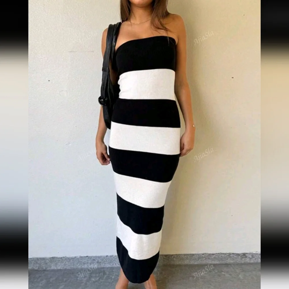 A Simple Knit Summer Dress With Strapless Stripes, Party Dress, For Cocktail - Picture 3 of 5